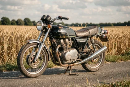 Kawasaki KZ400J vintage garée sur une route de campagne française avec champs de blé en arrière-plan