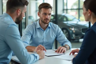 Homme lisant attentivement un contrat d'achat chez un concessionnaire automobile avant de signer