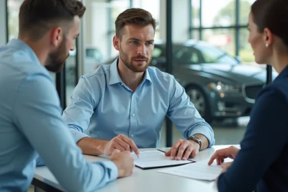 Homme lisant attentivement un contrat d'achat chez un concessionnaire automobile avant de signer