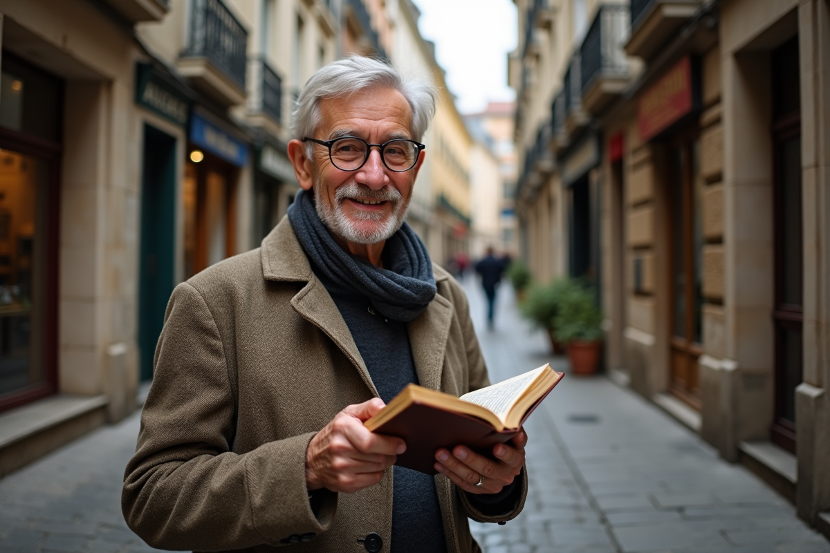 Linguiste français âgé discutant dans une rue ancienne