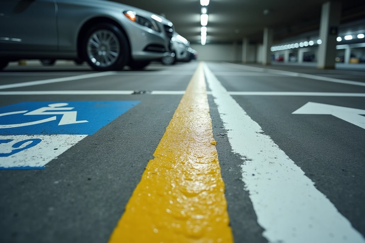 Marquage au sol d'un parking souterrain avec dimensions réglementaires et symbole handicapé peints sur l'asphalte