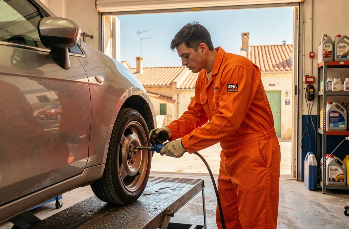 Mécanicien en combinaison orange réalisant une vidange sur voiture surélevée chez Marseillan Auto à Marseillan