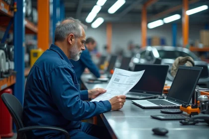 M&eacute;canicien auto homme en bleu dans un atelier