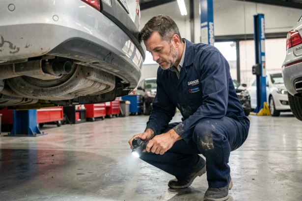 Mécanicien professionnel inspectant le dessous d'un véhicule dans un garage automobile moderne du Var