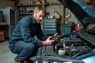 Mécanicien en garage indépendant inspectant une courroie d'accessoire sur un moteur de voiture ouvert