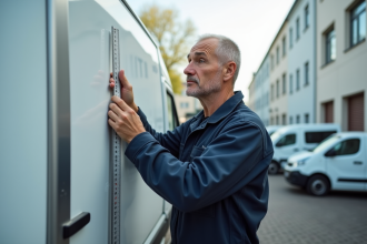 Mécanicien homme en overalls mesurant une van blanche