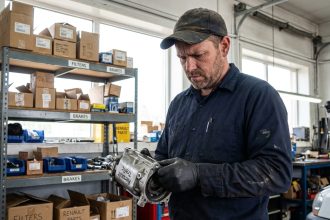 Mécanicien professionnel inspectant une pièce de rechange pour Renault Trafic dans un atelier automobile bien équipé