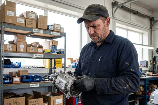Mécanicien professionnel inspectant une pièce de rechange pour Renault Trafic dans un atelier automobile bien équipé
