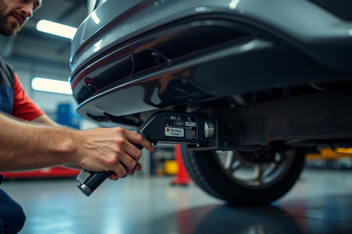 Mécanicien installant un attelage sur une voiture moderne dans un garage lumineux