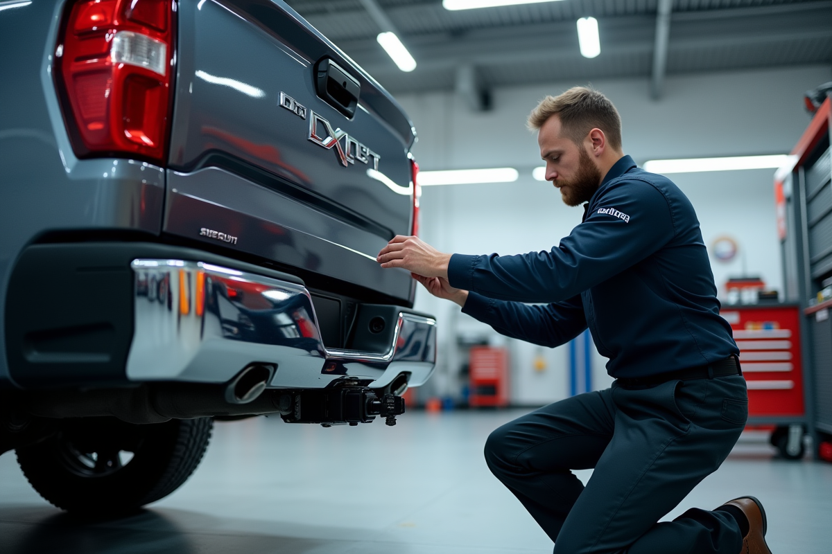 Mecanicien posant un attelage sur un pickup en atelier