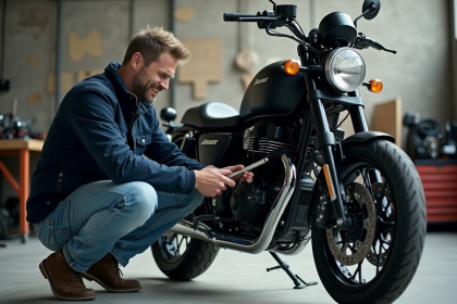 Homme d'âge moyen répare une moto en atelier urbain