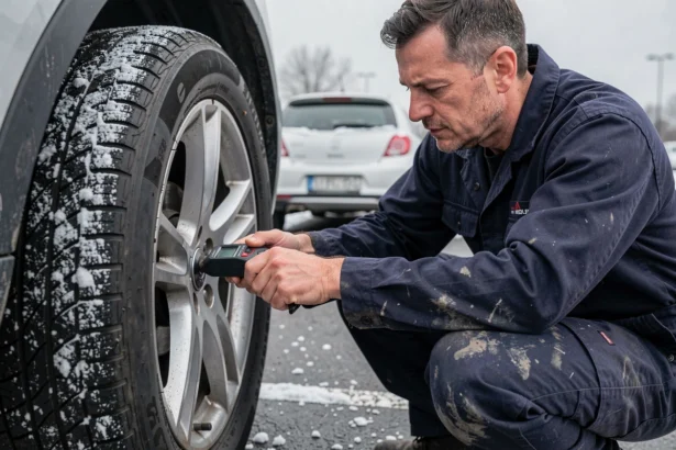 Mécanicien vérifiant la pression d'un pneu hiver avec un manomètre numérique en hiver