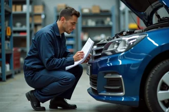 Mécanicien inspectant le compartiment moteur d'une voiture pour vérifier la compatibilité avec le carburant E85