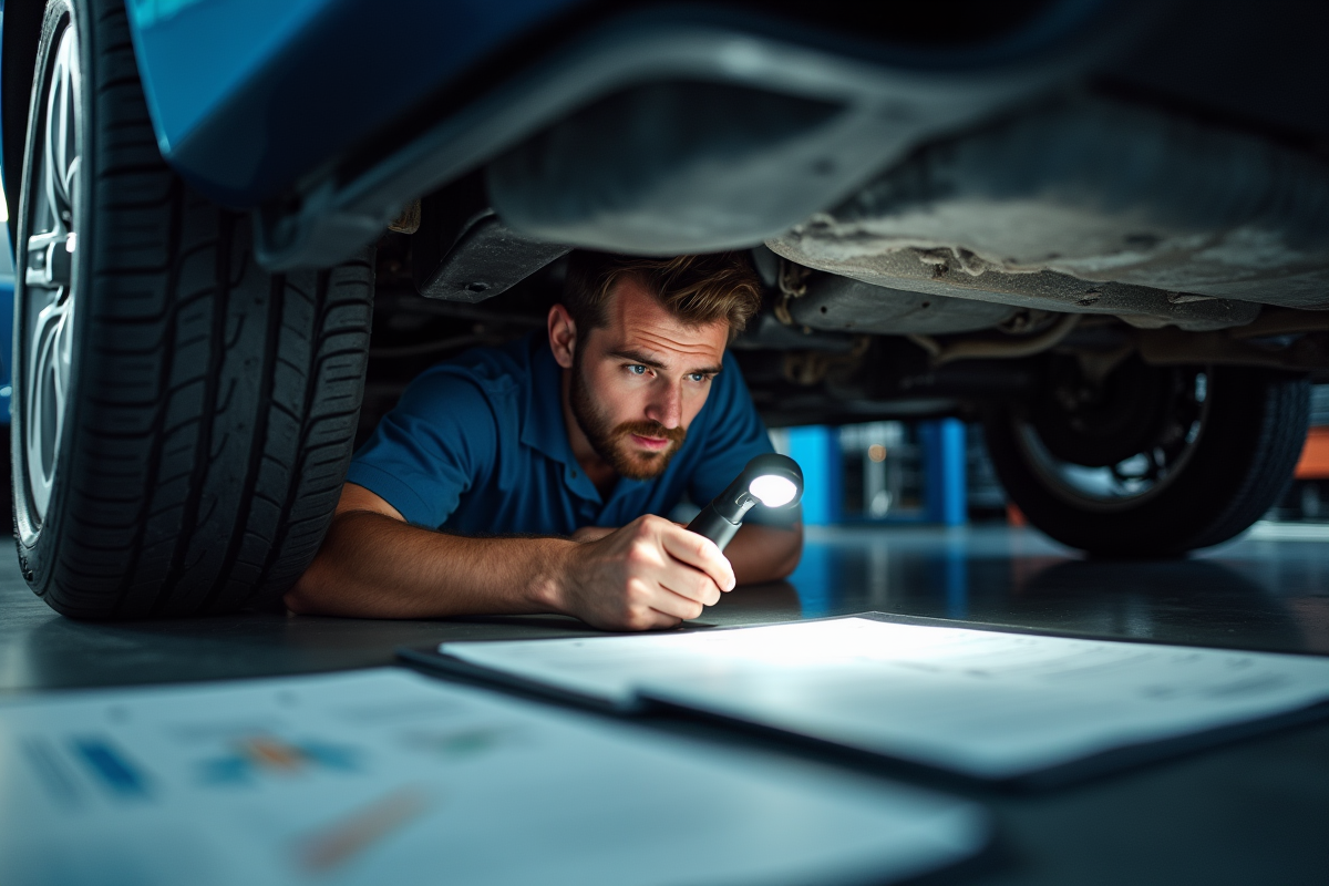 Mecanicien inspectant le dessous d'une voiture dans un garage moderne