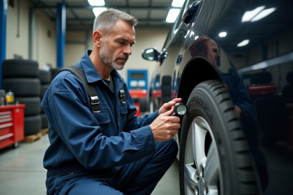Mécanicien vérifiant la pression des pneus d'une voiture dans un garage