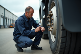 Mécanicien vérifiant un pneu de camion en extérieur