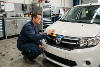 Mécanicien inspectant les voyants du tableau de bord d'une Dacia Sandero dans un atelier automobile