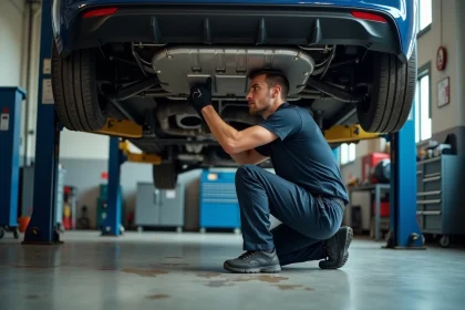 Mécanicien inspectant le filtre à particules sous un véhicule diesel sur un pont élévateur dans un atelier automobile professionnel