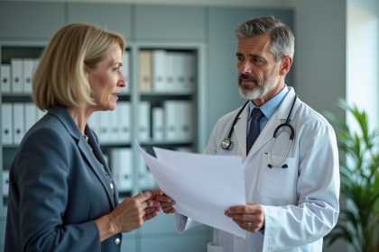Médecin expliquant un document à une patiente inquiète