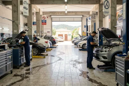 Vue panoramique d'un garage automobile professionnel dans l'Hérault avec mécaniciens au travail et véhicules sur ponts élévateurs