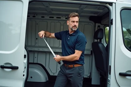Technicien mesurant les dimensions intérieures d'un Renault Trafic L1H1 avec un mètre ruban dans la zone de chargement