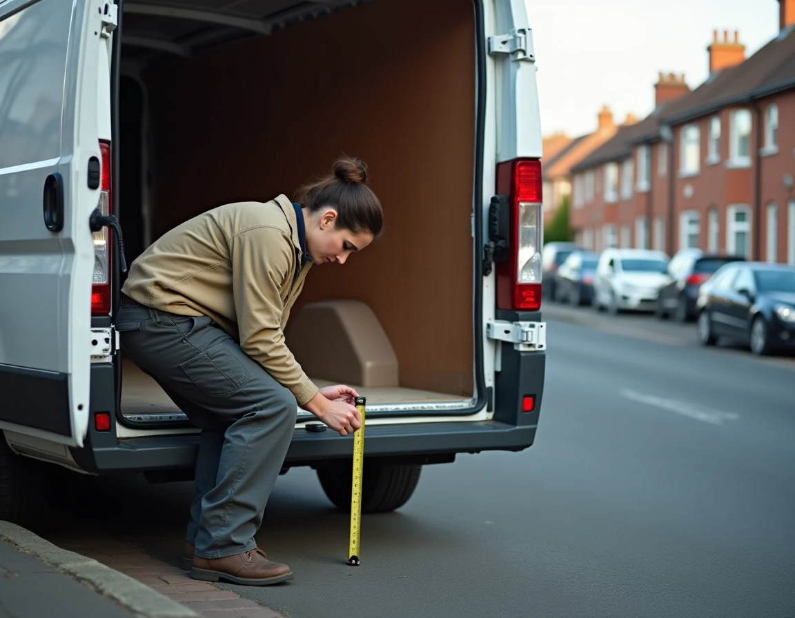 Artisane mesurant l'espace de chargement intérieur d'un utilitaire L2H2 à portes arrière ouvertes dans une rue urbaine