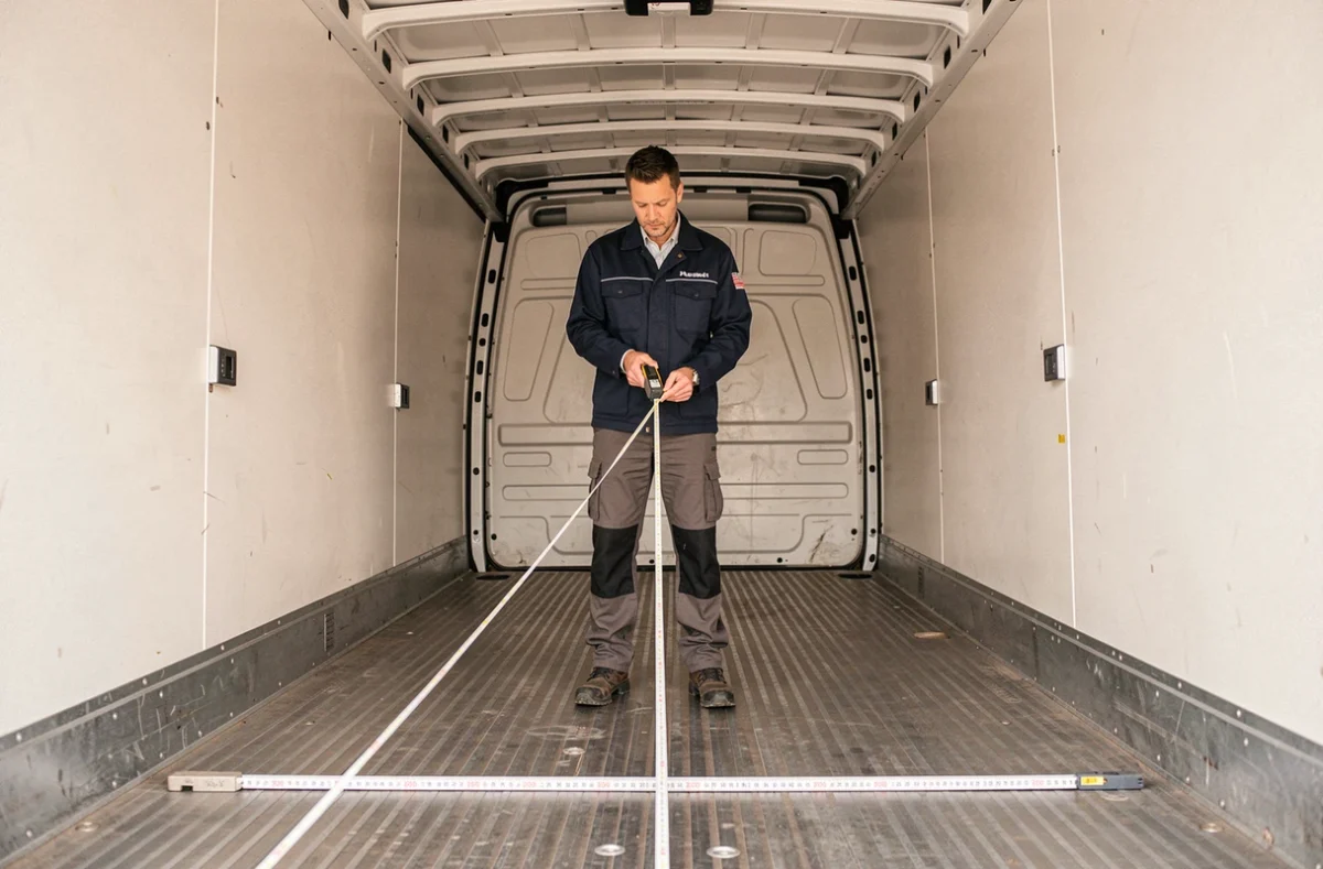 Technicien mesurant l'espace de chargement intérieur d'un Renault Master avec un mètre ruban, démontrant le volume utile de 11 m³ en hauteur et longueur