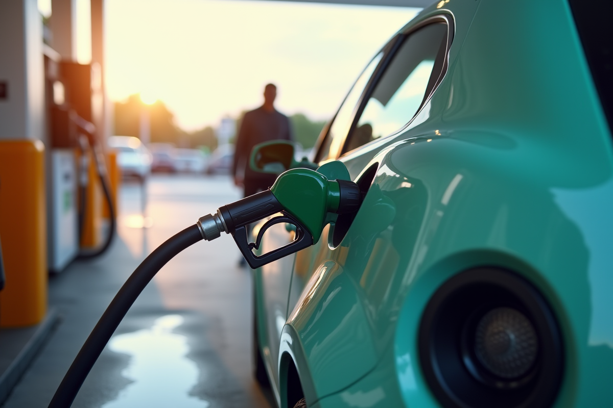 Voiture microcar en plein carburant à une station moderne
