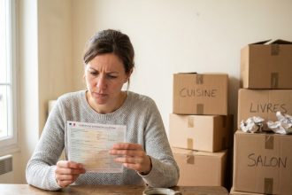 Femme consultant sa carte grise après un déménagement, entourée de cartons dans un appartement nouvellement emménagé