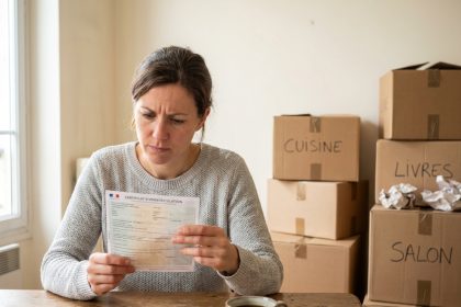 Femme consultant sa carte grise après un déménagement, entourée de cartons dans un appartement nouvellement emménagé