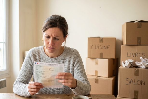 Femme consultant sa carte grise après un déménagement, entourée de cartons dans un appartement nouvellement emménagé
