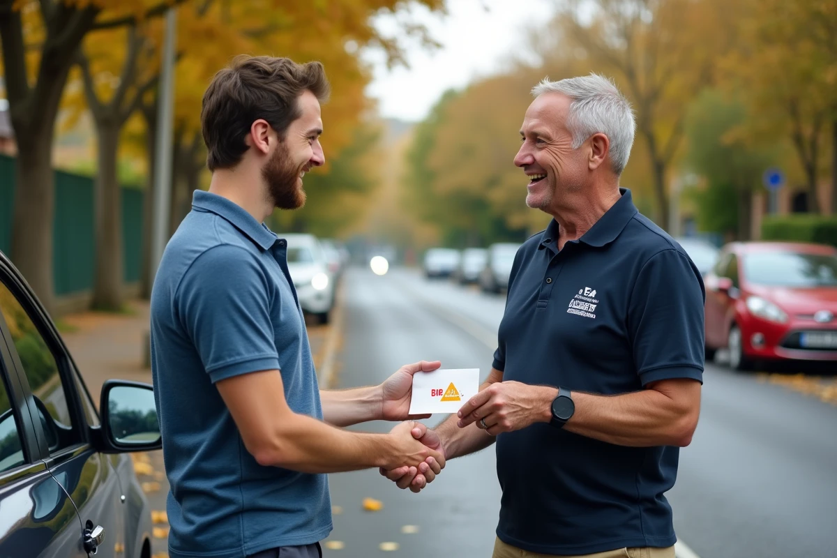 Moniteur d'auto-école remettant un bon cadeau de conduite à un jeune élève conducteur dans une rue résidentielle