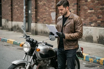 Motard debout à côté de sa moto tenant un document d'assurance au tiers dans une rue urbaine