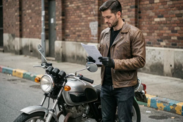 Motard debout à côté de sa moto tenant un document d'assurance au tiers dans une rue urbaine