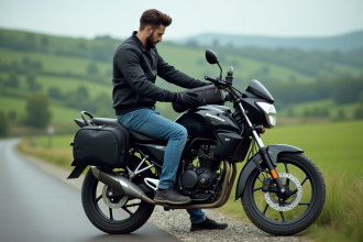 Homme attachant un sac tank à une moto Benda Avenger 125 en campagne