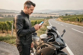 Motard consultant une application de comparaison d'assurance moto sur son smartphone, arrêté sur une route de campagne entre Bordeaux et Toulouse