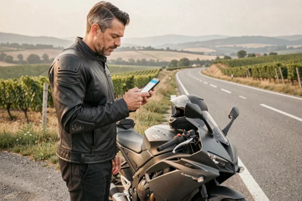 Motard consultant une application de comparaison d'assurance moto sur son smartphone, arrêté sur une route de campagne entre Bordeaux et Toulouse