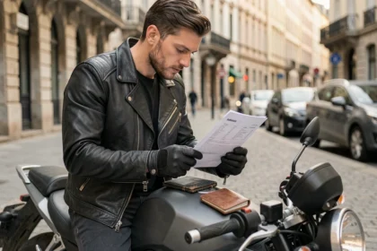 Motard consultant son porte-assurance moto posé sur le réservoir de sa moto garée en ville