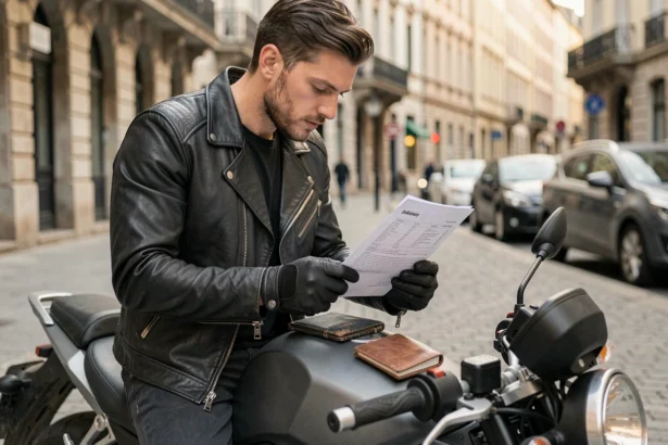 Motard consultant son porte-assurance moto posé sur le réservoir de sa moto garée en ville