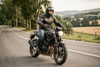 Jeune motard en équipement complet sur une Yamaha MT-125 sur une route de campagne française