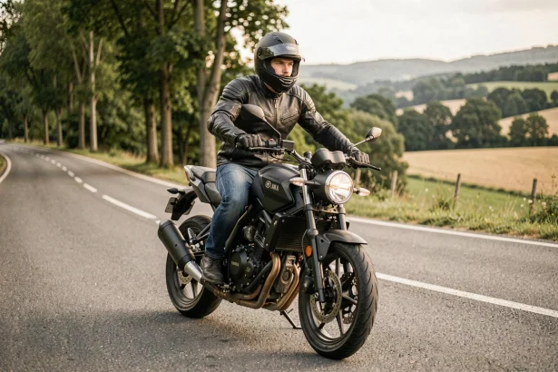 Jeune motard en équipement complet sur une Yamaha MT-125 sur une route de campagne française
