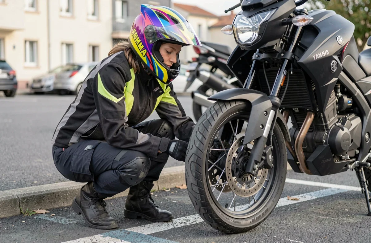Motarde vérifiant les pneus de sa Yamaha MT-125 avant de rouler dans un parking urbain