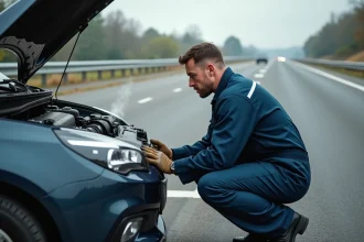 Mécanicien examinant un moteur surchauffé sur la bande d'arrêt d'urgence d'une autoroute française