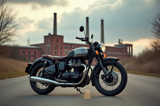 Moto urale vintage devant une usine russe ancienne
