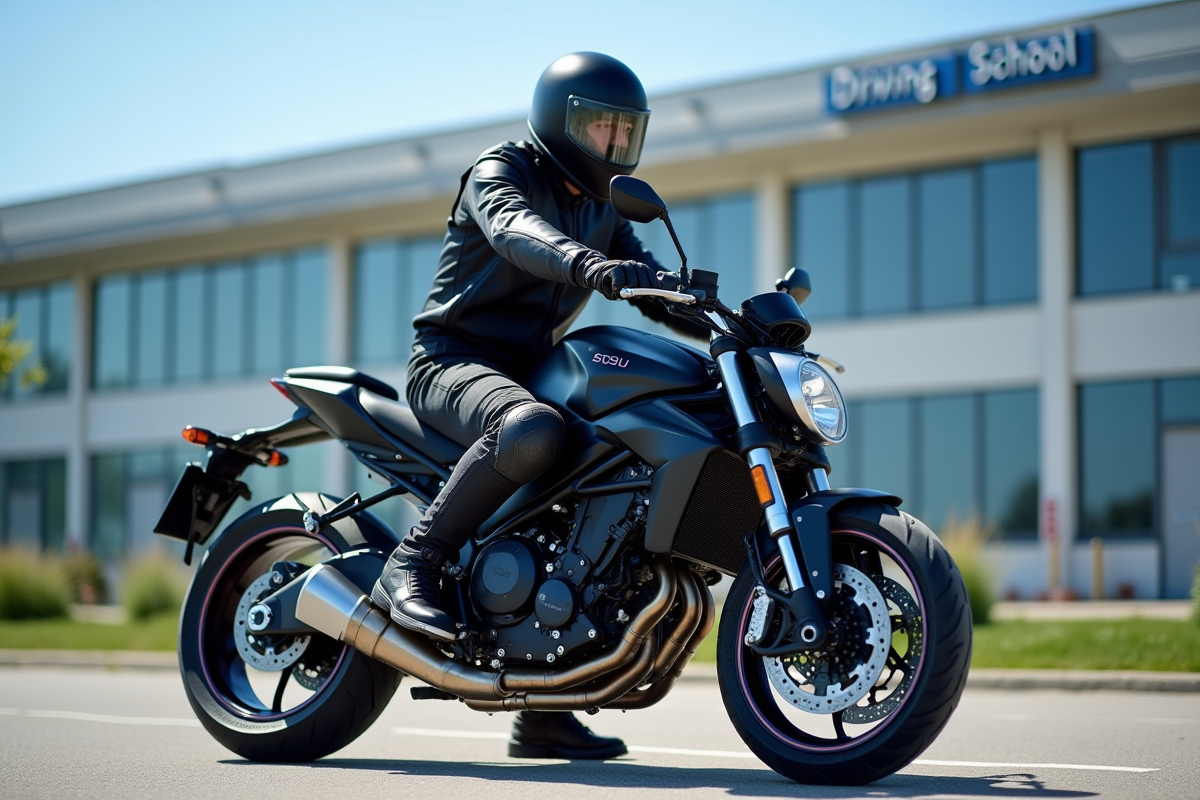 Motocycliste confiant en équipement moderne devant une moto 900cc