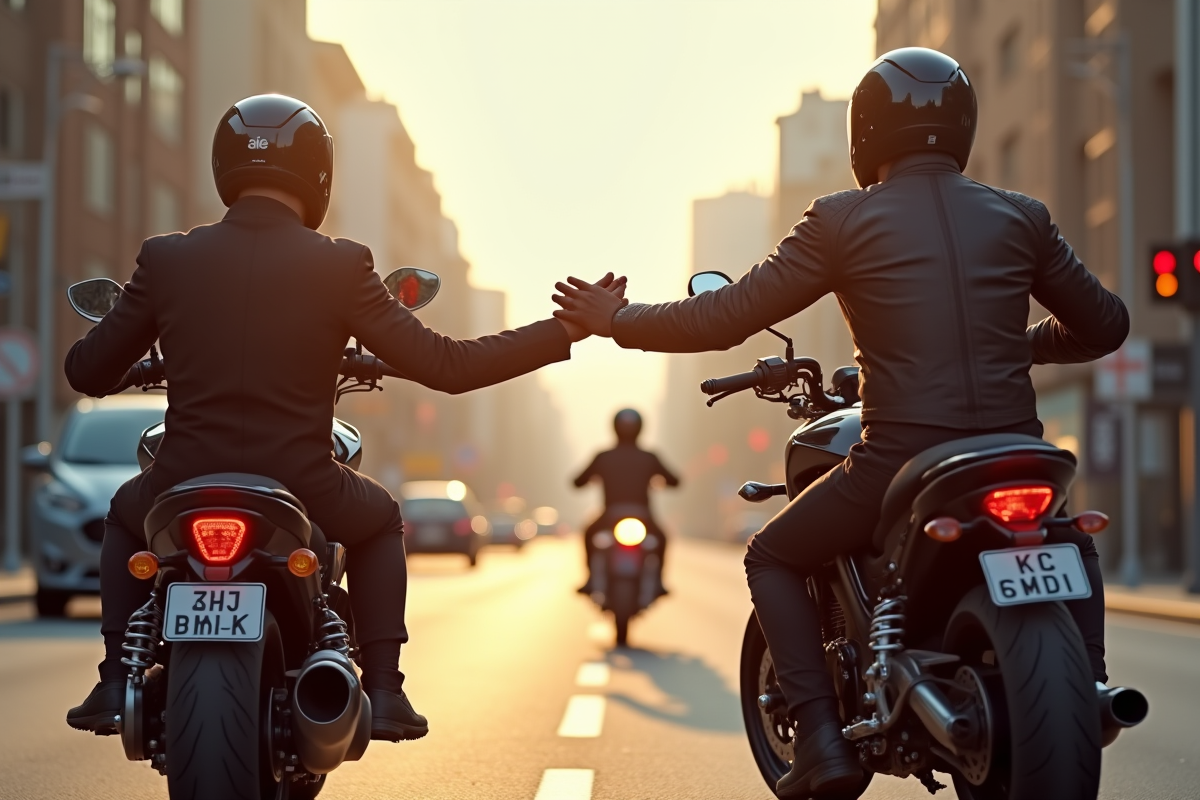 Motard faisant un signe de main au feu de circulation en ville