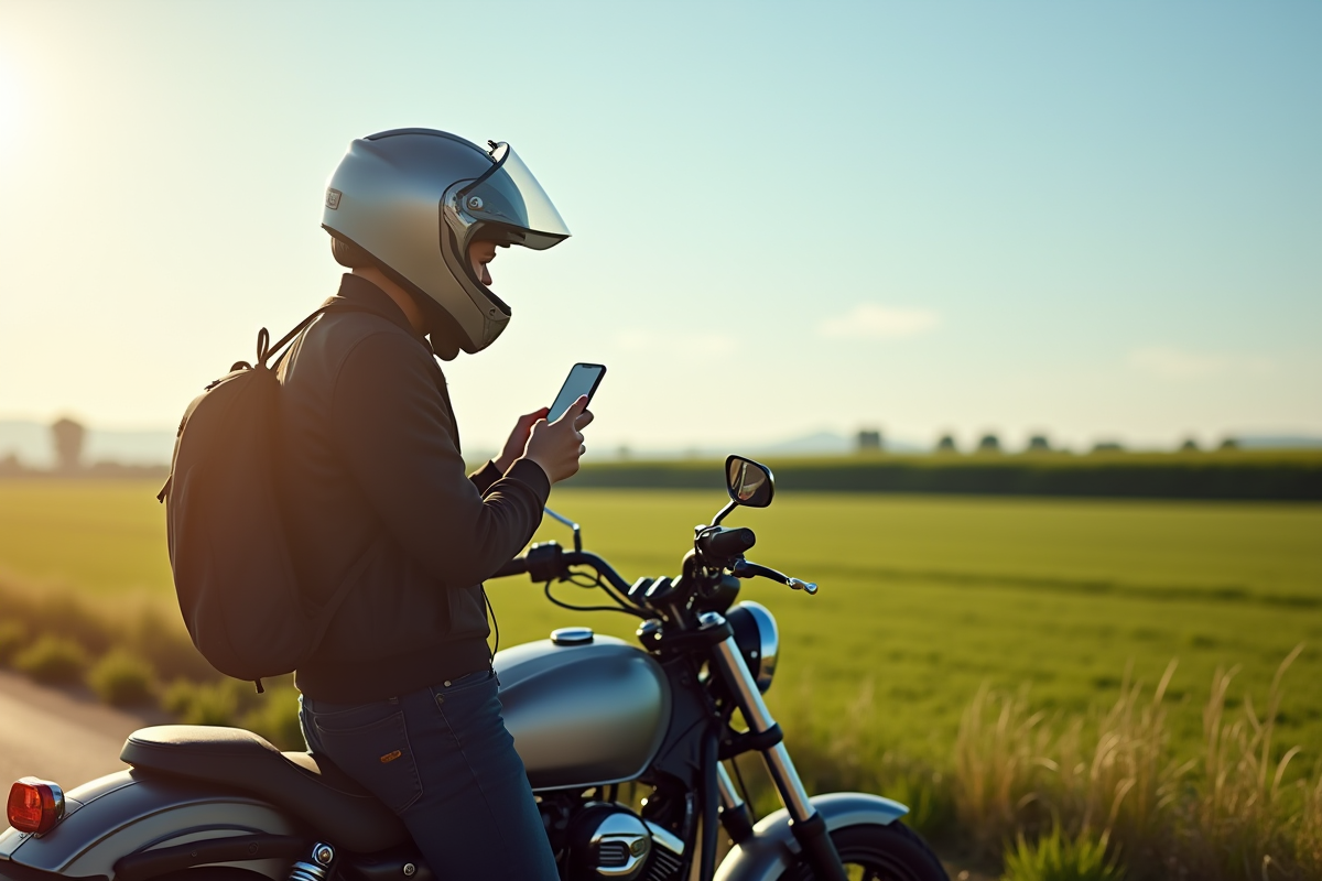 Motocycliste vérifiant une application sur smartphone en campagne