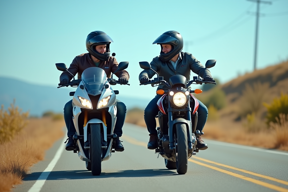 Deux motards communiquent avec intercoms sur une route ensoleillee