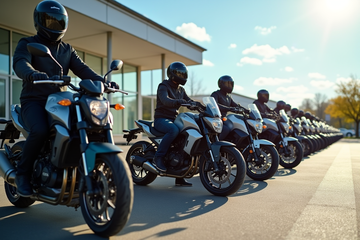 Plusieurs motos alignées devant un centre de contrôle en plein jour