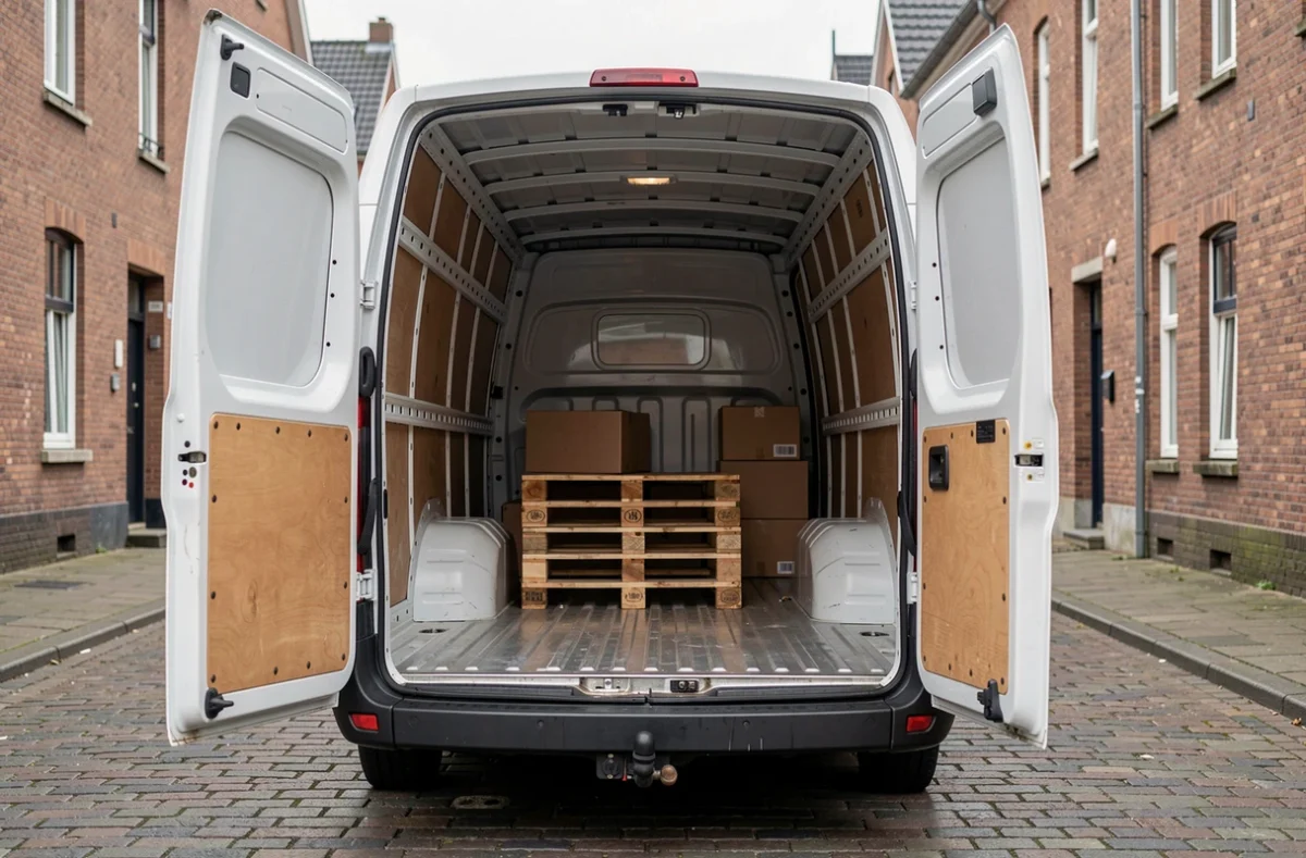 Vue depuis l'arrière du Renault Master portes ouvertes montrant la largeur et la hauteur utiles du compartiment de chargement avec une palette et des cartons